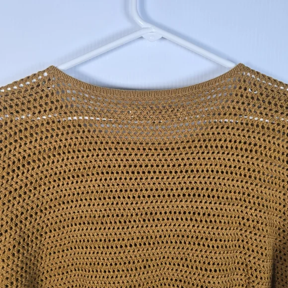NWT Loft Women's Mustard Crochet Top with Black Trim Size L Ruffled Sleeve - Picture 10 of 11